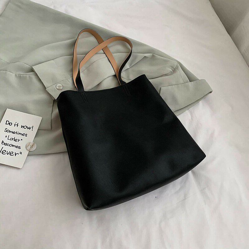 Fashion PU Handbag Women Totes Simple Large Capacity Shoulder Bag (Black)