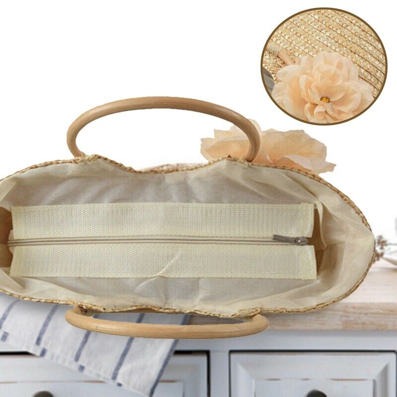 Women's Straw Handbag Flower Woven Summer Beach Messenger Tote Bag Basket S U6A1