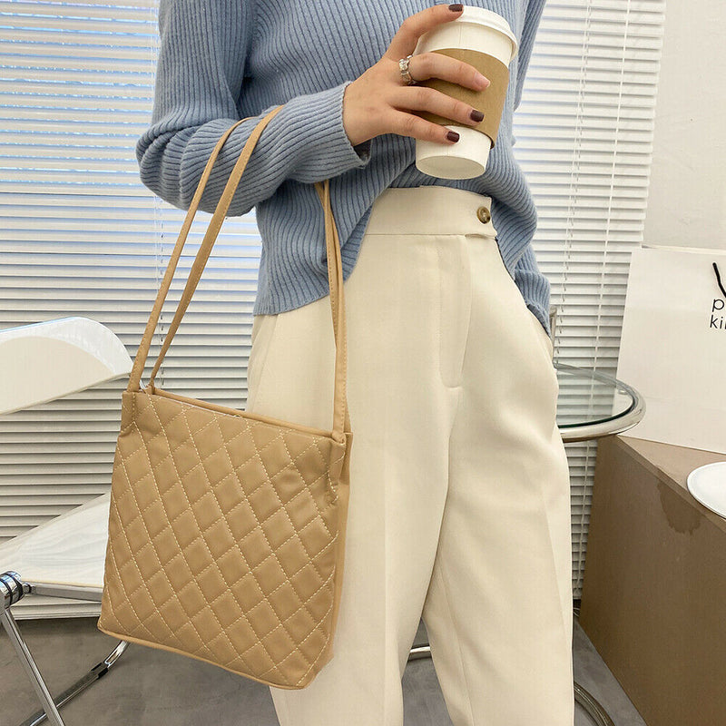 Women Lattice Pattern Shoulder Underarm Bags PU Portable Handbag (Khaki)
