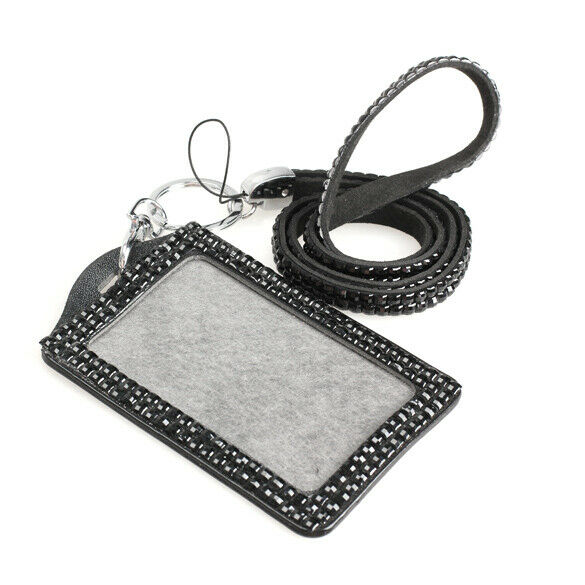 Black Rhinestone Bling Crystal Lanyard Sling Vertical Card ID Badge Holder  A