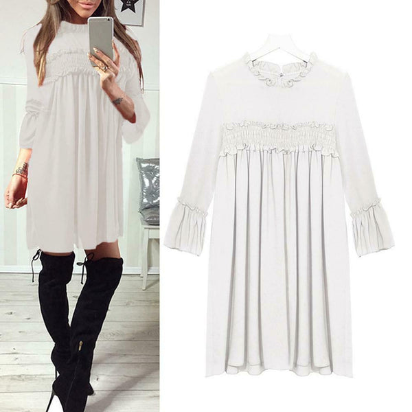 Solid Color Loose Straight Dress Pleated Women Chiffon Dresses (White S)