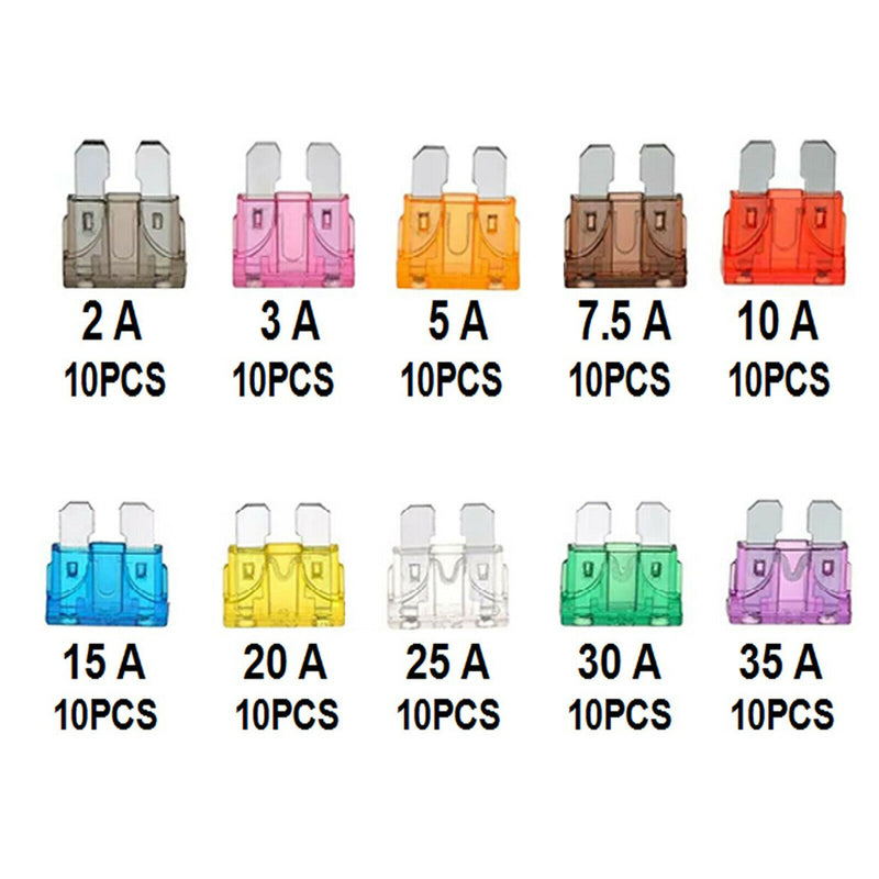 100pcs Parts Auto Fuses 2 3 5 7.5 10 15 20 25 30 35A Assorted Set