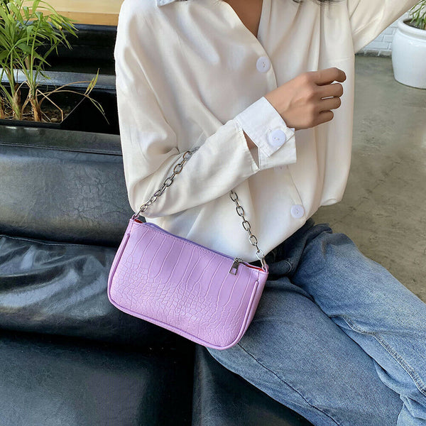 Women Stone Pattern Shoulder Bags PU Leather Chain Purse Handbag (Purple)