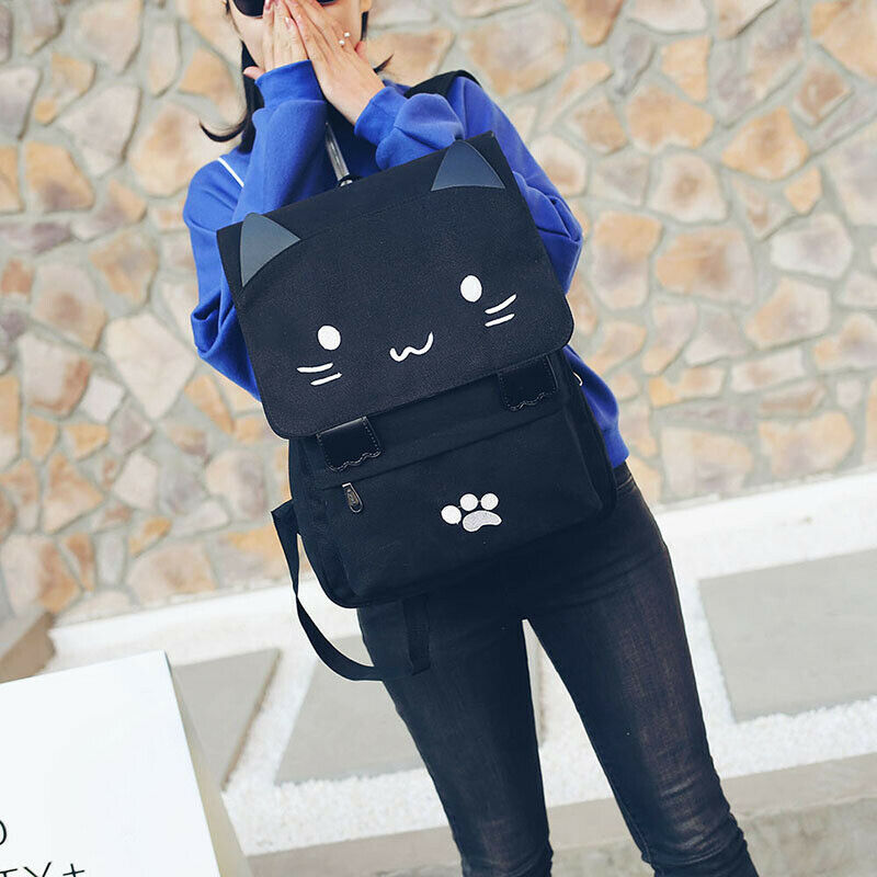 fashion Cute Cat Embroidery Canvas Student bag Cartoons Women Backpack Leis U7I8