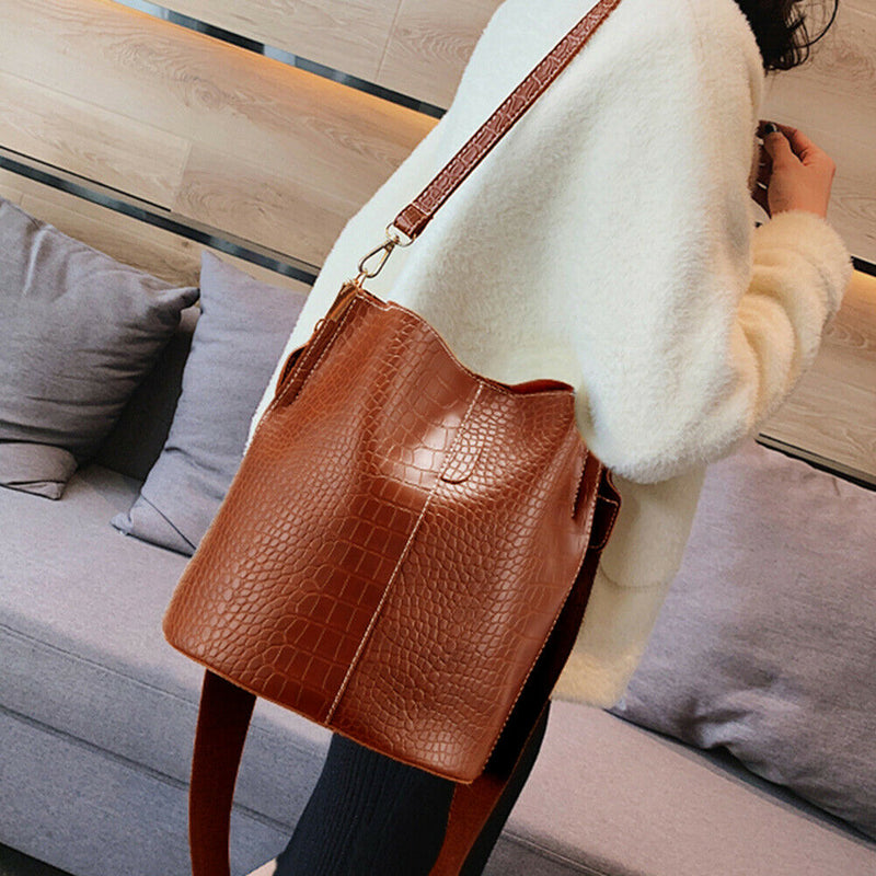 Crocodile Leather Women Shoulder Bag Messenger Bucket Handbag (Light Brown) A
