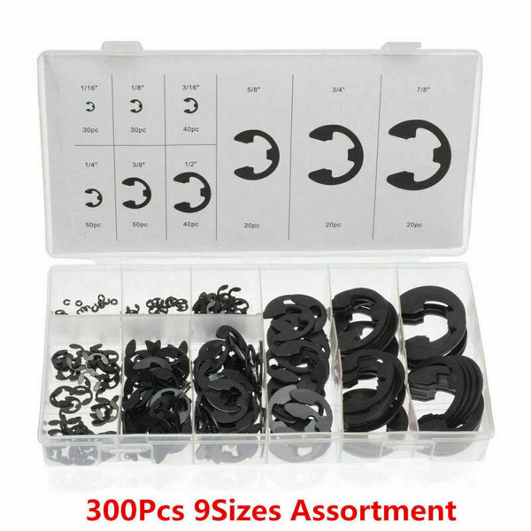 300pc E-Clip Assortment | SAE Black Oxide Fastener Set Retaining Ring Kit