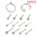 14X/Set Stainless Steel Crystal Nose Hoop Septum Ring Bone Studs Body-Piercin FT