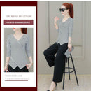 Fashion V-neck Striped Women Long Sleeves Blouse Cross Irregular Tops (4XL)