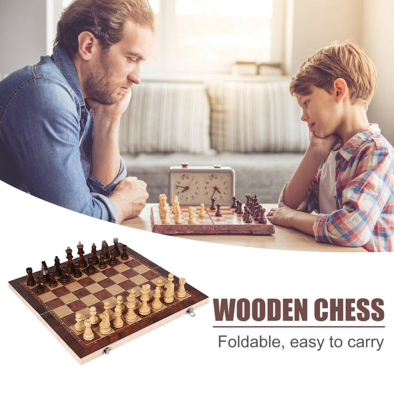 3 in 1 Wooden International Folding Chess Set Board Game Fun Toys (29x29cm)