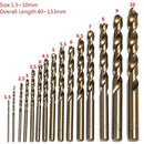 15Pcs High Speed Steel HSS-Co M35 Cobalt Drill Bit Set 1.5-10MM Steel Pounch Ew