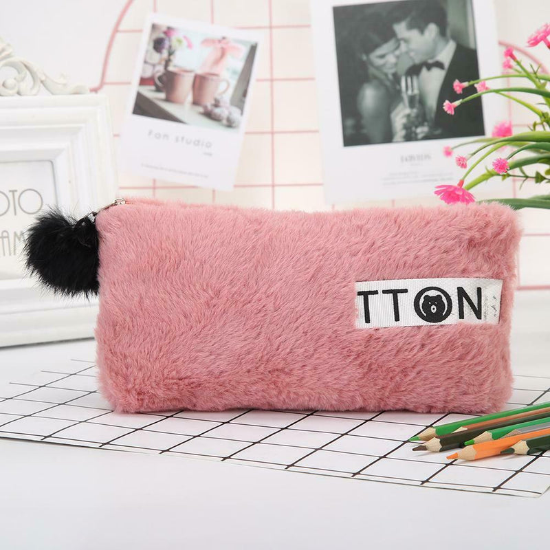Cute Soft Plush Pen Bag Stationery Cosmetic Pouch Student Supply (Wine Red) A