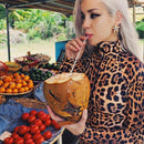 Women Leopard Bodysuit Autumn And Winter Zipper Placket High Collar Long Sl