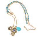 Personality 2 Layers Boho Chain Hamsa Fatima Hand Blue Eye Turquoise Necklace
