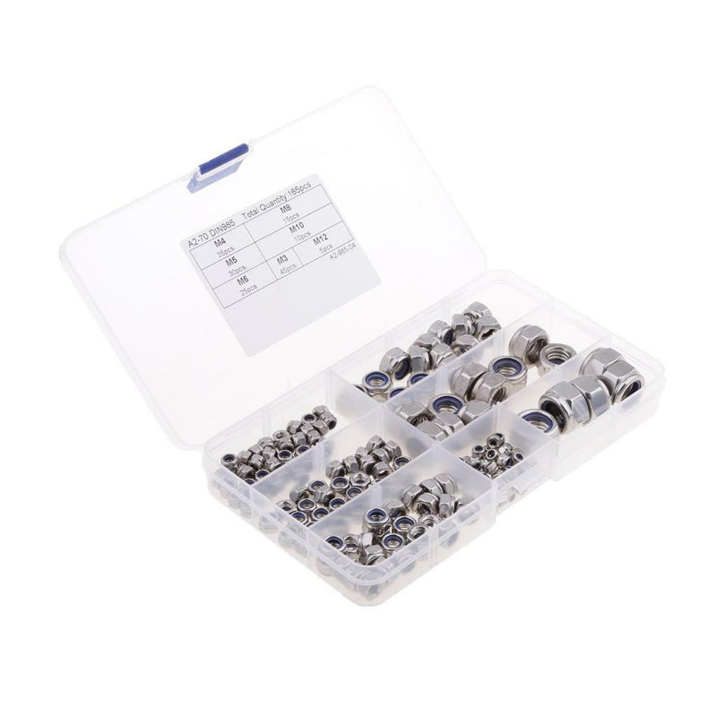 165Pcs Stainless Steel Hex Lock Nut Nylon Insert M3 M4 M5 M6 M8 M10 M12