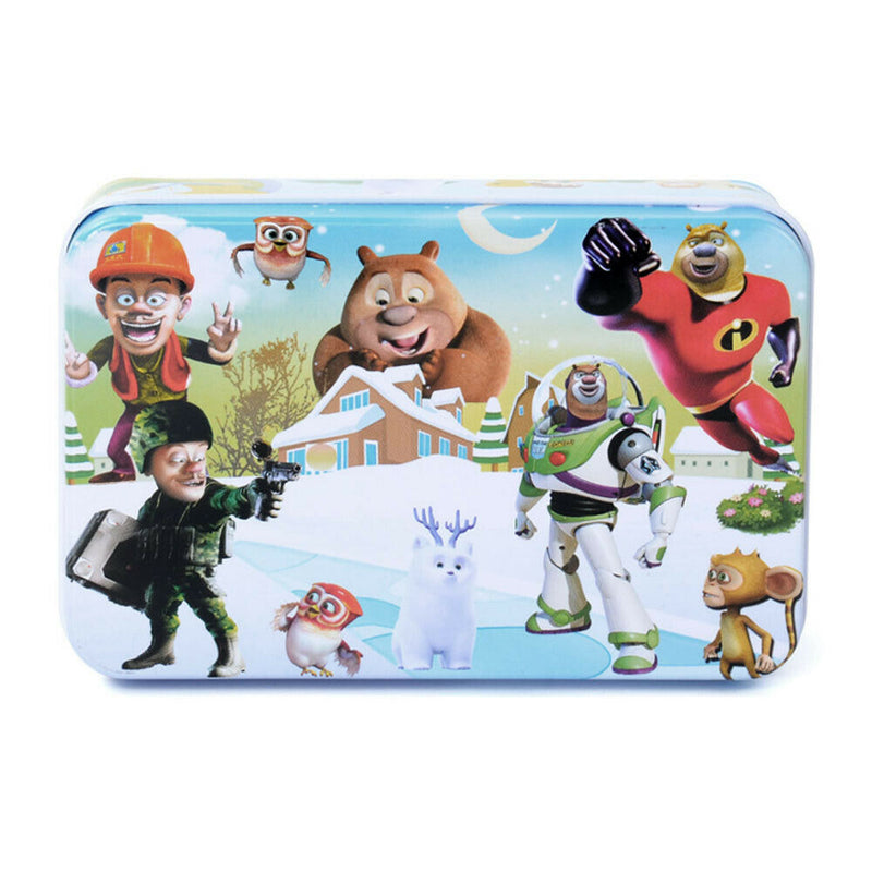 60Pcs Cartoon Wood Puzzle Brain Teaser Toys w/ Iron Storage Box For Kids