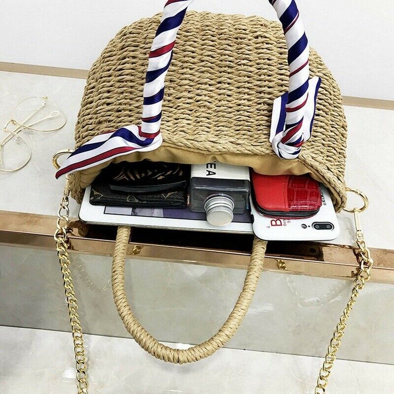 Women's Beach Handbag Straw Shoulder Bag with Handles and Silk Ribbon Bucke H5I5