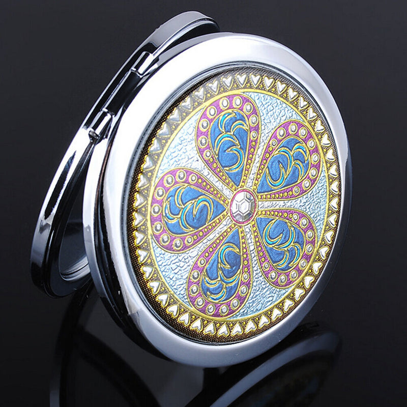 Crystal Folding Round Pocket Compact Makeup Cosmetic Mirror Portable Useful FT