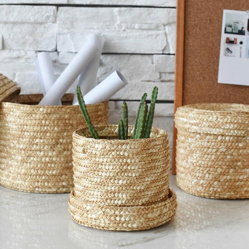 3 Pcs/Set Handmade Straw Woven Storage Basket With Lid Snack Organizer Stor B9S3