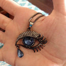 Woman Blue Evil Eye Crystal Rhinestone Teardrop Pendant Chain Necklace Vogue ME