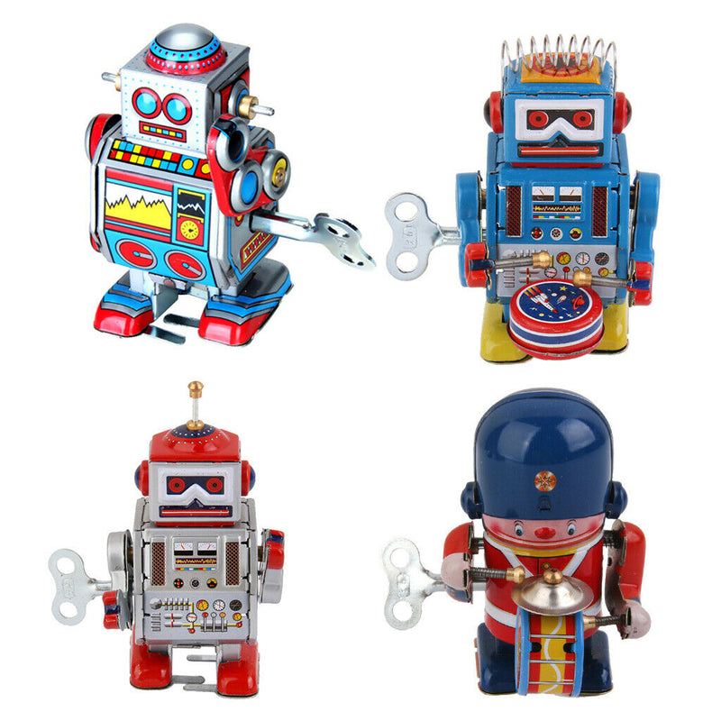 4x Retro Windup Walking Drum Robots Clockwork Tin Adults Toys Gifts Room Decor
