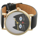 Cat Pattern Ladies Men Leather Strap Dial Quartz Wrist Watch (Black) J7R9