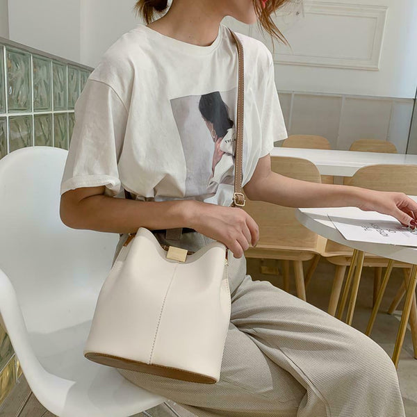 Simple Pure Women Leather Shoulder Bags Casual Messenger Bucket (White)