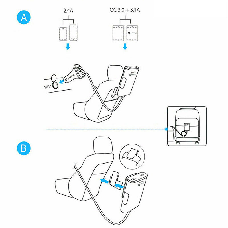 Car Back Clip QC3.0 Four USB Port Car Extension Cable Fast Charger