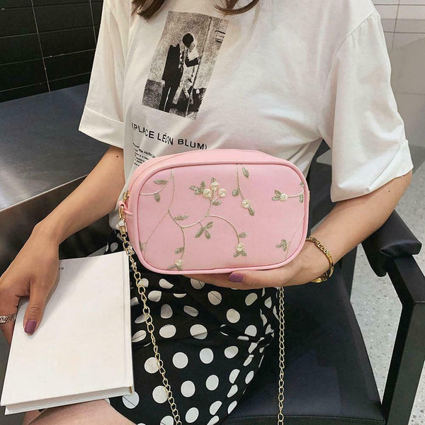 Lace Flower Shoulder Handbags Women Chain PU Leather Crossbody Bags (Pink)