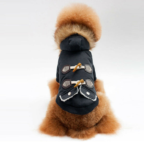 Autumn Winter Pet Dog Horn Buckle Hooded Pocket Thick Warm Coat Blue