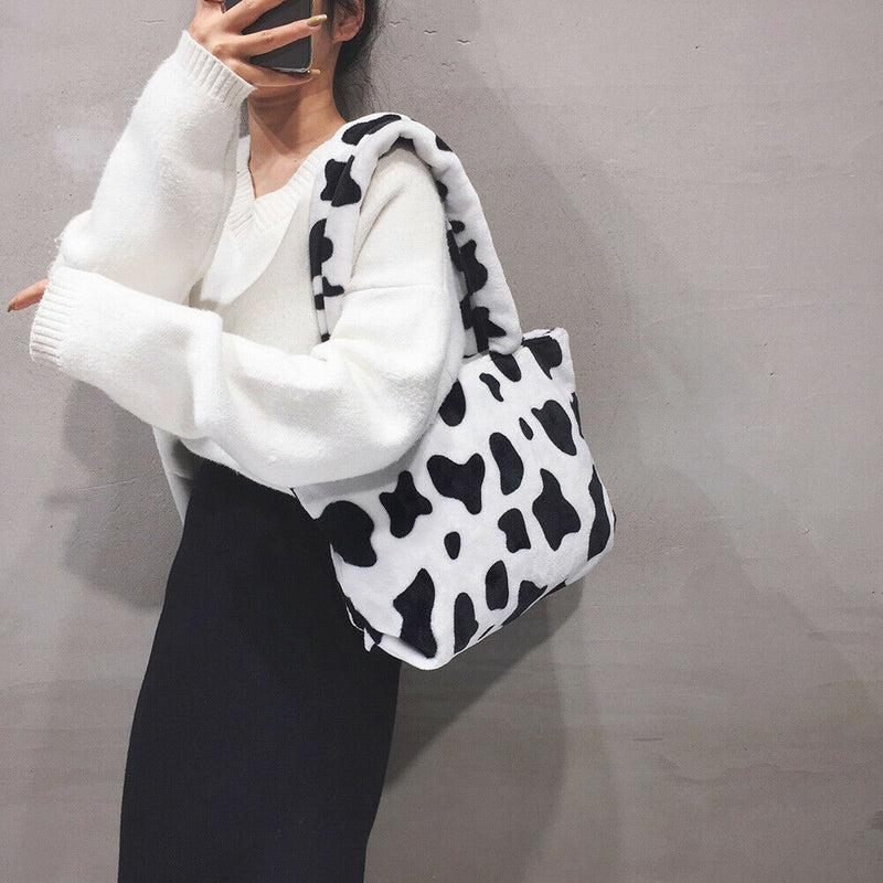 Fashion Cow Print Shoulder Bag Women Plush Totes Large Capacity Handbag (A)