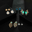 6 Pairs Retro Flower Leaf Stud Earrings Ethnic Turquoise Statement Jewelry Gift