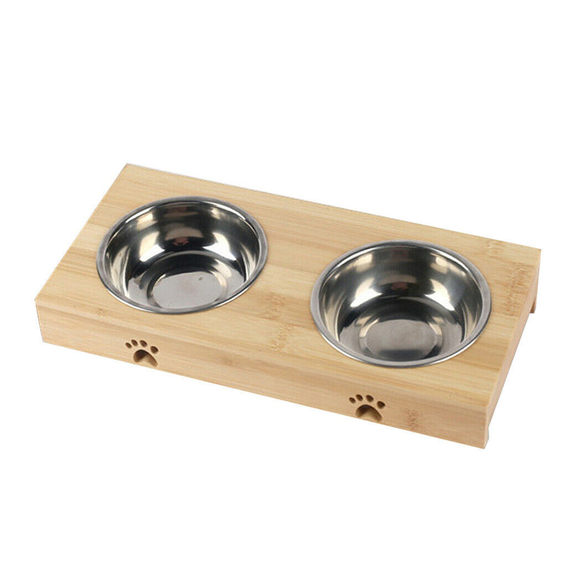 Raised Pet Bowls for Cats Dogs Bamboo Elevated Pet Feeder Stainless  Double Bowl
