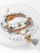 Trendy Women Bohemian Multilayer Marble Beaded Tassel Pendant Chain Bracelet Set