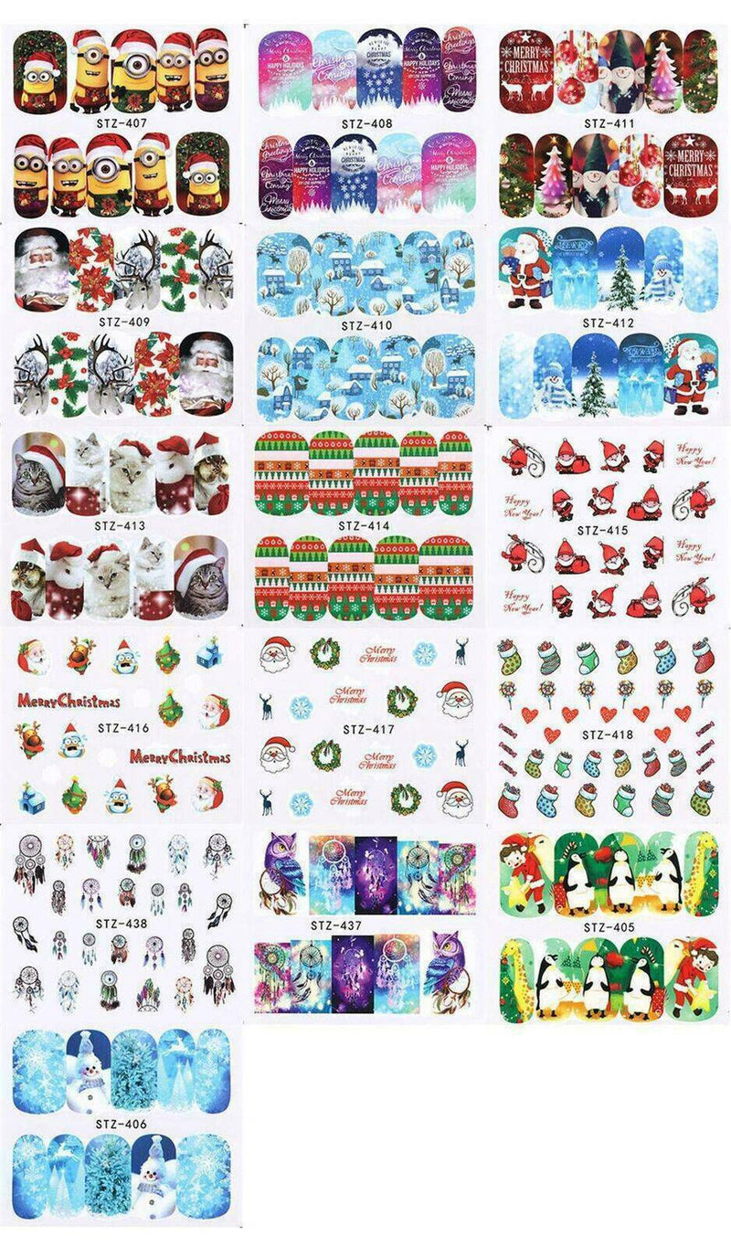 16 Sheet Water Transfers Nail Art Stickers Decals Christmas Snowflakes Snowman
