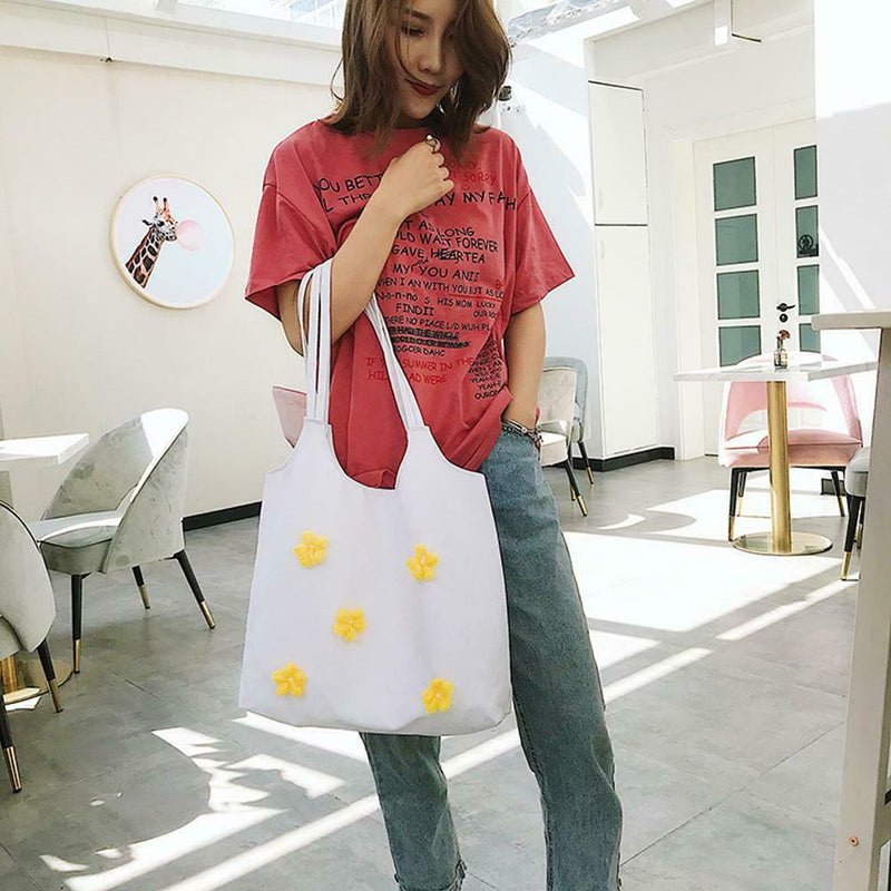 Flower Summer Women Canvas Handbags Casual Shoulder Bag Large Tote (White) A