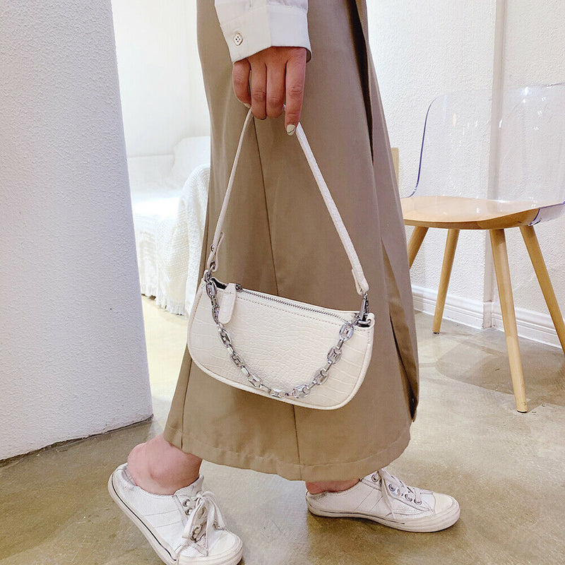 Alligator Pattern Shoulder Totes Bag Women Leather Chain Handbag (Beige) A