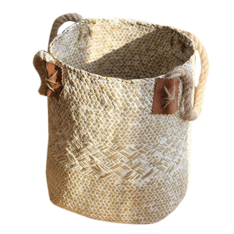 Folding Seagrass Basket - Planter Holder With Handle Laundry Basket White L