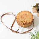 Women Handwoven Round Rattan Bag Shoulder Leather Straps Natural Chic Handb