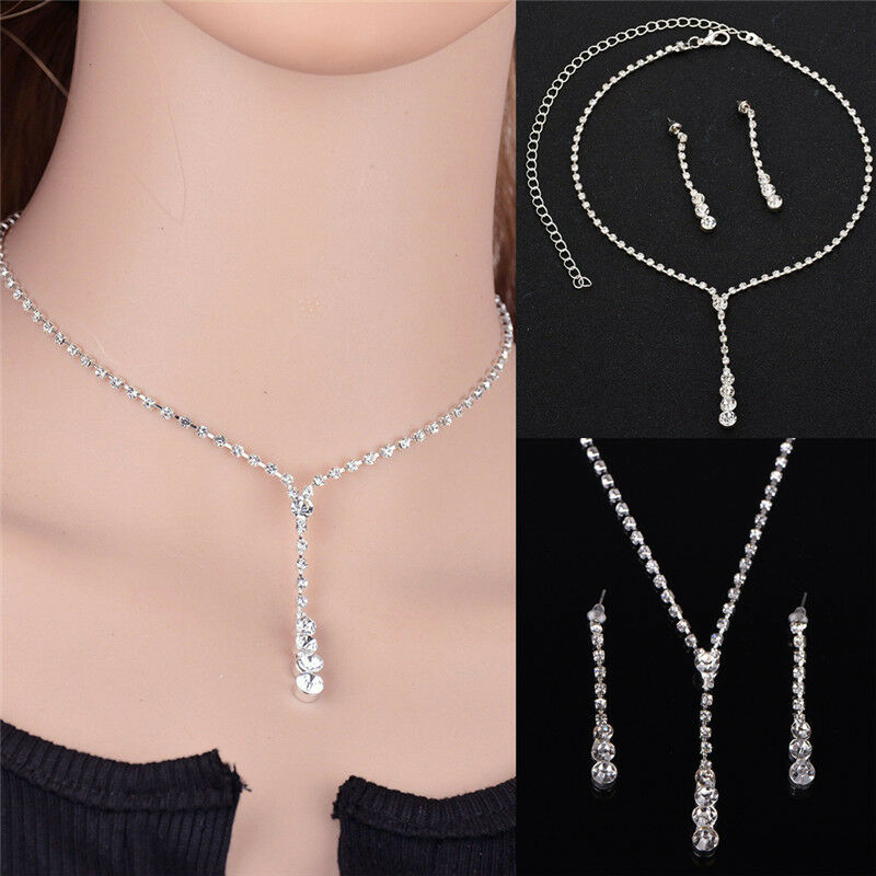 1 Set Wedding Bridal Rhinestone Crystal Necklace Drop Earrings MD Jewelry OZ