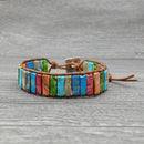 Chakra Bracelet Handmade Natural Stone Tube Beads Leather Wrap Women's Bangle