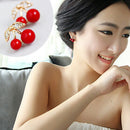 Fashion Women Red Cherry Rhinestone Ear Studs Beads Golden Alloy Leaves Earrings