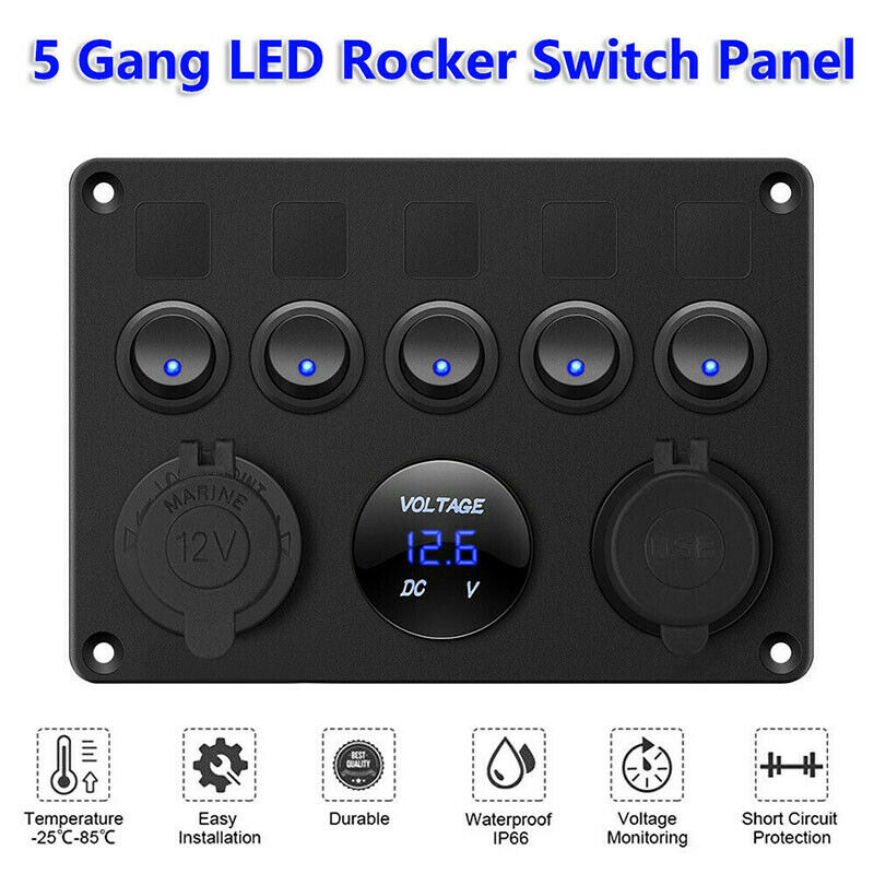 5 Gang Switch Panel 12V/24V Car Boat Marine Blue LED Rocker Breaker Contr Gw