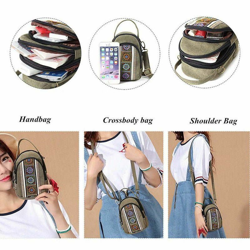 Embroidery Canvas Crossbody Bag Cell phone Pouch Coin Purse for Women Girls J5S1
