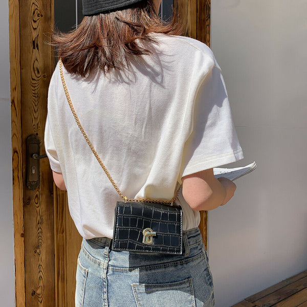 Elegant Women Pure Mini Shoulder Bags Leather Chain Messenger Bag (Black)