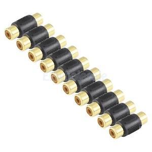 Black 10x Golden RCA AV Audio Video Coupler Female to Female Cable Connector